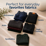 Neatly folded stacks of activewear, knits, denim and synthetics with labels naming fabric types and lighting accents