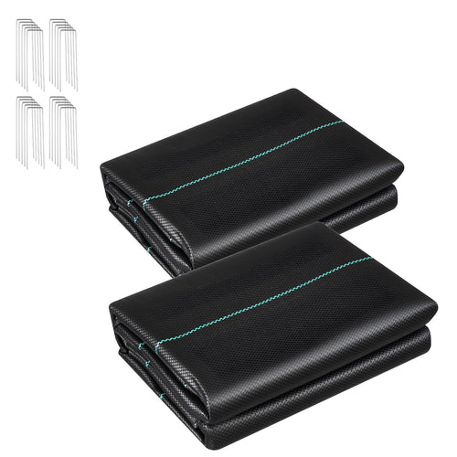 Two folded black woven polypropylene weed barrier fabric panels with teal guide stitching and several U-shaped metal stakes on a white background.