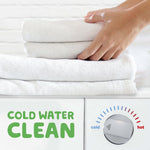 Folded white towels on a surface with a hand arranging them and text reading “COLD WATER CLEAN” in the layout