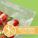 Close-up of textured FoodSaver vacuum bag corner showing tomatoes inside and a graphic callout reading 'Easy use design align to seal & tear to open'