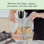 Person holding a sealed vacuum bag with lemon-seasoned salmon being submerged in a bowl, with BPA-free and sous vide text above