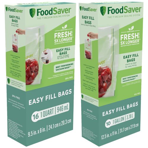 Two FoodSaver Easy Fill Bags product boxes side-by-side showing green packaging and product image of a filled vacuum bag