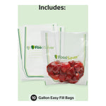 Group of FoodSaver Easy Fill vacuum bags displayed flat and a standing bag with strawberries, with an includes label