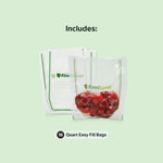Two FoodSaver Easy Fill bags displayed on a pale background with one bag filled with strawberries and text reading "Includes"