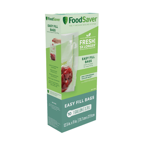 Packaged FoodSaver Easy Fill vacuum bags box with green branding and product image of strawberries in a standing bag