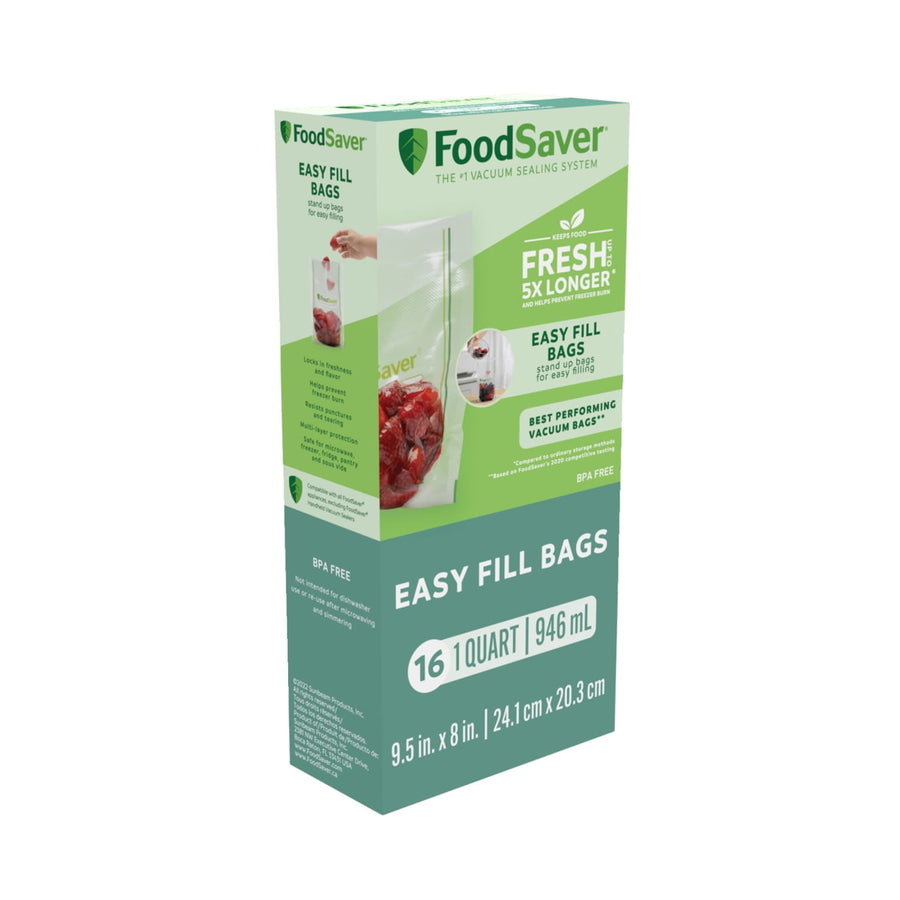Retail box of FoodSaver Easy Fill vacuum seal bags showing packaging and product branding