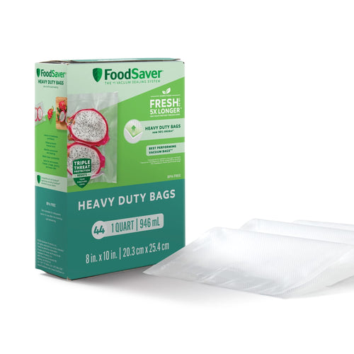 Box of FoodSaver heavy duty vacuum bags with two textured empty bags displayed beside the packaging on white background.