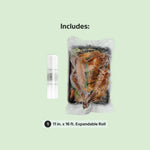 Includes graphic showing a roll of FoodSaver expandable vacuum seal material and a sealed tray with text 'Includes'
