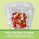 Stack of transparent FoodSaver pre-cut vacuum bags with a filled bag of cherry tomatoes centered and '19 Pre-Cut Quart-Size Bags' text below