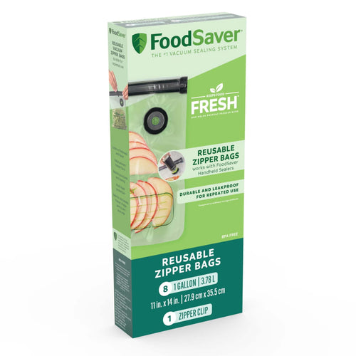 Tall boxed retail packaging for FoodSaver reusable gallon zipper bags with green branding and product photo