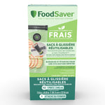 Front-facing FoodSaver product box for reusable zippered storage bags with green branding and text