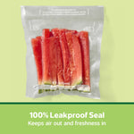 Sealed FoodSaver vacuum bag containing watermelon sticks shown against a light green background