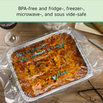 Aluminum tray of baked casserole sealed in a FoodSaver vacuum bag with BPA-free and usage claims above