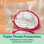Vacuum-sealed dragon fruit halves inside a textured FoodSaver bag with headline about triple threat protection.