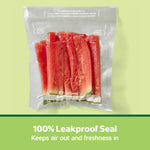 Vacuum-sealed FoodSaver bag containing watermelon sticks on a pale green background with '100% Leakproof Seal' text beneath