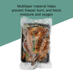 Top-down view of a cooked bird sealed in a multilayer FoodSaver vacuum bag with product benefit text