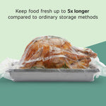 Roasted turkey sealed inside a clear FoodSaver vacuum bag on a tray with claim about keeping food fresh up to 5x longer
