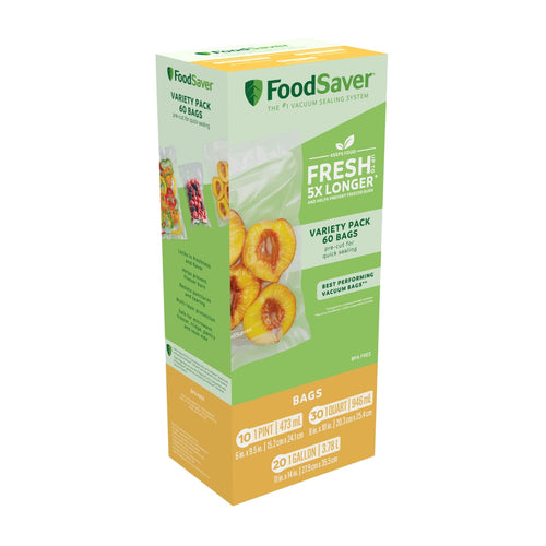 Tall rectangular FoodSaver variety pack box with peaches image and green-orange branding showing bag size icons
