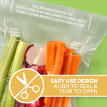 Close-up of vegetables sealed inside a textured FoodSaver vacuum bag with an easy use align-to-seal badge