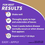 Instructional graphic 'For Best Results' with steps to shake, apply, treat before disease and repeat every 7-10 days