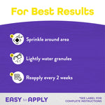 Instructional graphic 'For Best Results' showing three steps: sprinkle, lightly water, reapply every 2 weeks