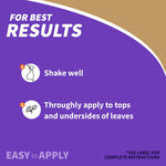 Instructional panel reading 'For Best Results' with steps to shake well and apply to tops and undersides of leaves