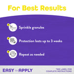 Instructional panel titled ‘For Best Results’ listing sprinkle granules, protection up to 3 weeks and repeat