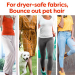 Four vertical panels showing different outfits and activities with headline about bouncing out pet hair for dryer-safe fabrics.