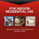 Red panel stating 'For indoor residential use' with three inset photos showing a house exterior, basement storage and a garage