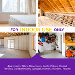 Four photographic panels of indoor spaces and bold text stating FOR INDOOR USE ONLY with example room types listed below