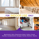 Four-photo collage showing indoor spaces with text 'For Indoor Use Only' and a list of suitable locations.