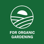 White circular field and sun icon above the text 'FOR ORGANIC GARDENING' on a solid green background