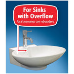 Graphic of a white sink with faucet and red callout bubble reading 'For Sinks with Overflow' on blue background