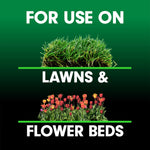 Green gradient graphic showing turf and flowers with text indicating use on lawns and flower beds