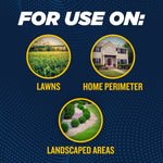 Informational graphic titled "FOR USE ON:" with circular photos and labels for lawns, home perimeter and landscaped areas