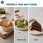 Triptych showing compostable fork used with hot pasta, salad, and a slice of chocolate cake labeled ‘Perfect for Any Food’.
