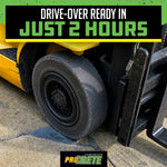 Forklift wheel driving over a repaired concrete patch with 'Drive-over ready in just 2 hours' headline