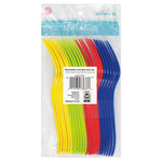 Clear plastic bag rear view showing stacked yellow, green, red and blue plastic forks with barcode and care label.