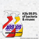 Two Formula 409 spray bottles (red and yellow labels) against a tiled background with text 'Kills 99.9% of bacteria & viruses'.