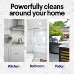 Promotional graphic showing three room photos (kitchen, bathroom, patio) under headline 'Powerfully cleans around your home'.