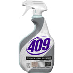 Front-facing spray bottle of Formula 409 Stone & Steel Cleaner with large purple 409 logo and usage icons
