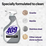 Graphic showing Formula 409 Stone & Steel Cleaner bottle with icons and labels for granite, marble, stainless steel and stone