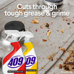 Greasy stovetop background with two Formula 409 spray bottles in foreground and headline text about cutting through tough grease and grime
