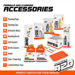 Formula 420 accessories layout showing cleaning plugs, caps, wipes, brushes, trays and product packaging