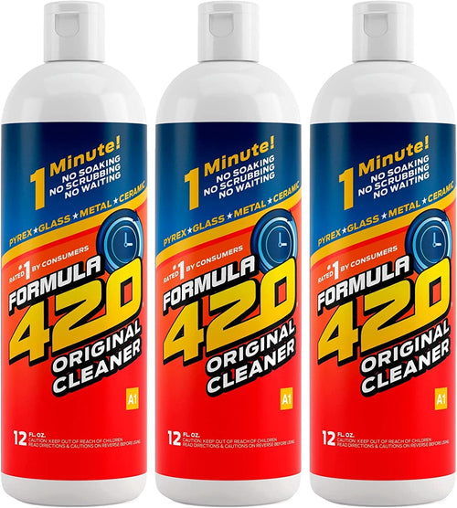 Three upright Formula 420 Original Cleaner 12 fl oz bottles with red, blue and yellow labeled packaging