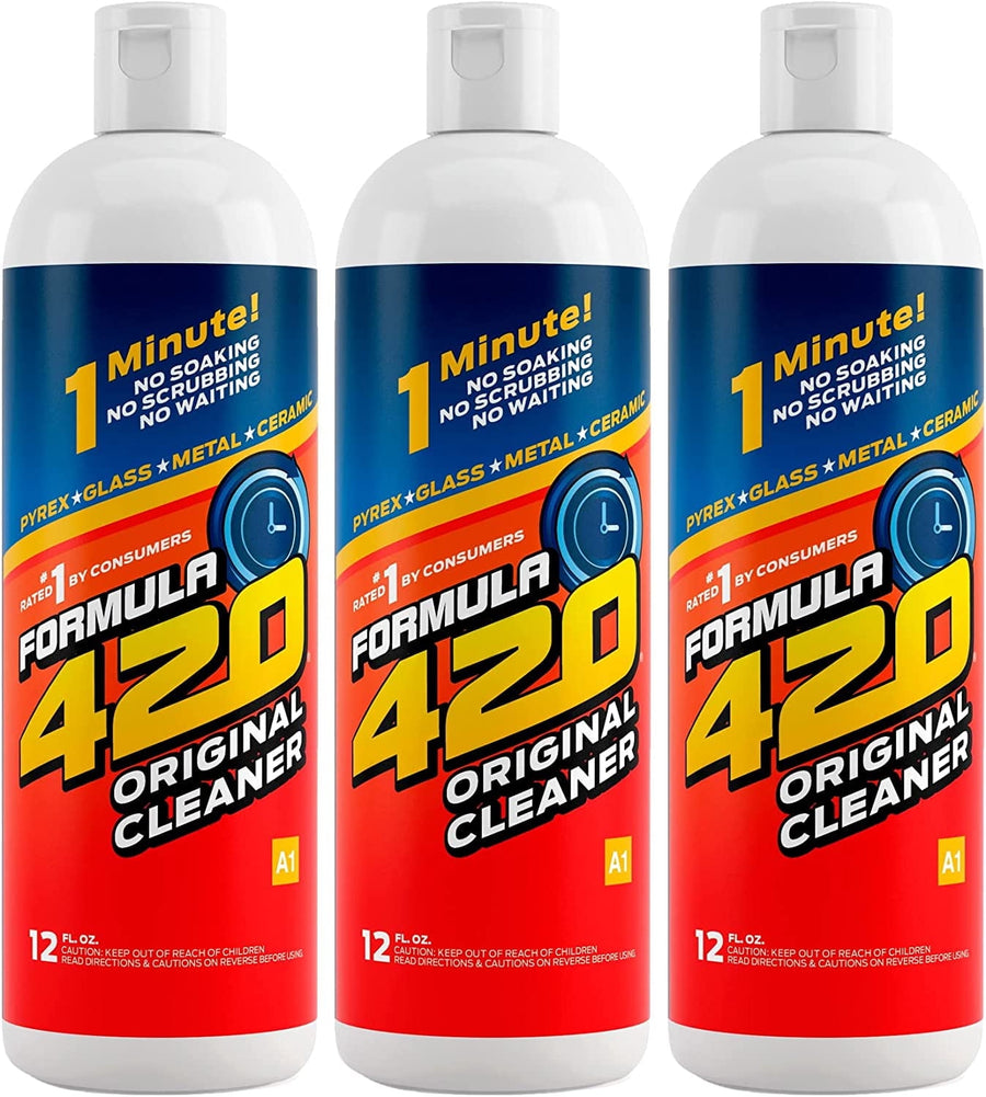 Three upright Formula 420 Original Cleaner 12 fl oz bottles with red, blue and yellow labeled packaging