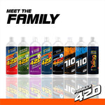 Row of Formula 420 product family bottles with different colored labels and a large Formula 420 logo
