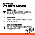 Promotional panel titled “Save More Clean More” explaining subscribe discounts and simple reordering for Formula 420