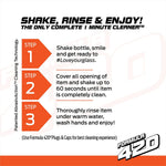 Instruction graphic reading “Shake, Rinse & Enjoy!” with three step directions for using Formula 420 cleaner