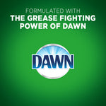 Green graphic stating the formula is made with “the grease fighting power of DAWN” and a large Dawn logo